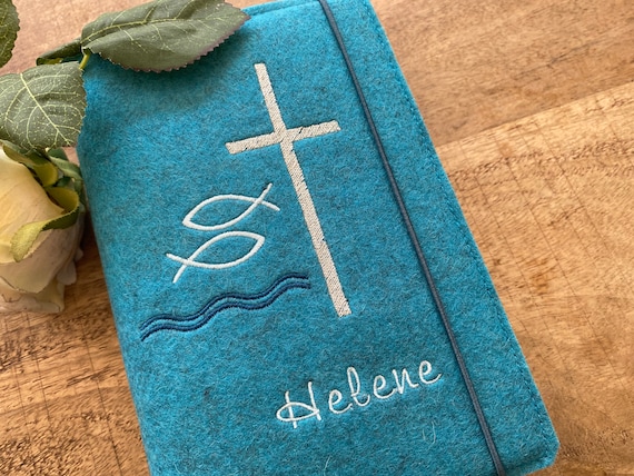 Hymn book cover turquoise - cross, fish - communion - Hymn book cover made of wool felt