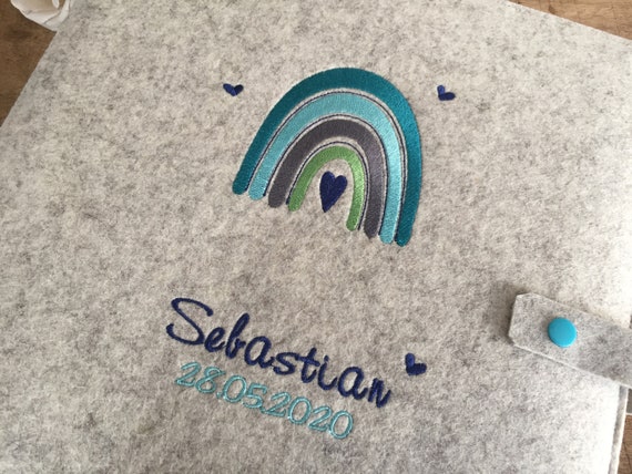 Photo album Baby - Rainbow - Baby album personalized, felt cover embroidered, hearts, turquoise, petrol, blue
