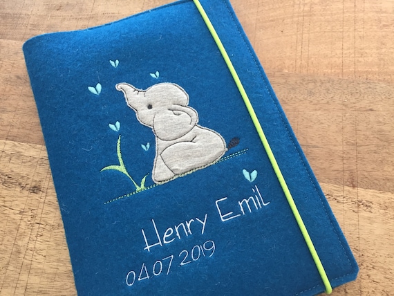 U-book cover made of wool felt - elephant, heart, U-book cover with name, 100% wool felt petrol