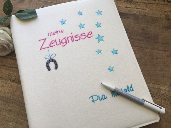 Certificate folder made of wool felt - star rain - cream - turquoise/pink, felt cover, gift for school enrollment
