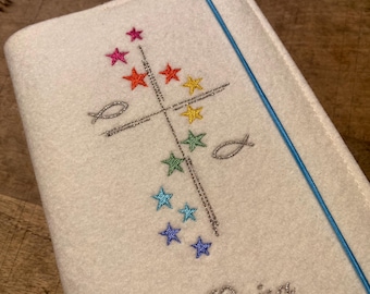 Worship hymnal cover made of wool felt - stars, fish - rainbow, cover for worship hymnal