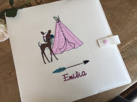 Photo album baby cream - deer, wild & free, baby album, baby diary, cover made of wool felt, boho