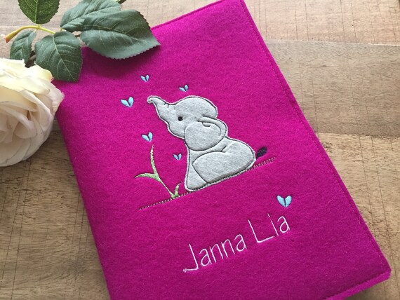 U-book cover made of wool felt - elephant, heart, U-book cover with name, felt cover for examination booklet and vaccination certificate, 100% wool felt