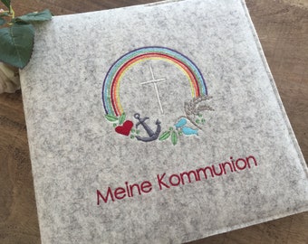 Fotoalbum zur Kommunion / Konfirmation -  100% Wolfilz - personalisierbar, passend zum Gotteslob, Regenbogen