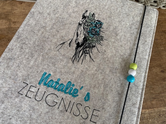 Certificate folder - horse, boho - made of wool felt, folder for certificates, document folder for girls