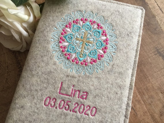 Hymn book cover made of wool felt - Mandala turquoise, pink - cover for hymn book with name, felt cover, cover prayer book, communion, cross