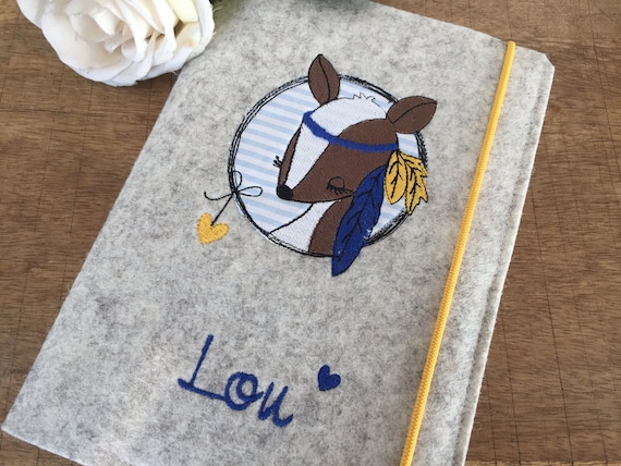 U-book cover wool felt - boho deer with feathers - forest friends, blue, yellow