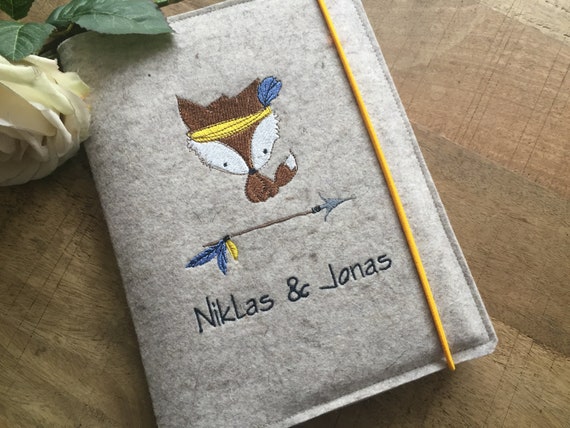 U booklet sibling cover made of wool felt - little fox, sibling cover with name, felt cover for examination booklet, cover U-booklet