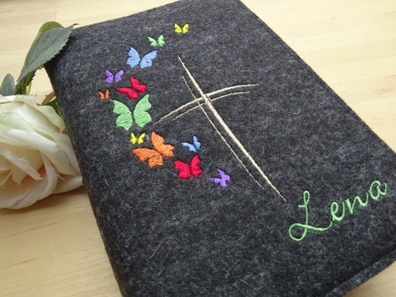 Hymnal cover made of wool felt - butterflies, cover for hymnal for communion, cross, cover for prayer book