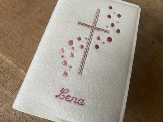 Hymnal cover made of wool felt, glitter stones - rose tones, cross, cream felt cover for hymnal for communion, prayer book cover