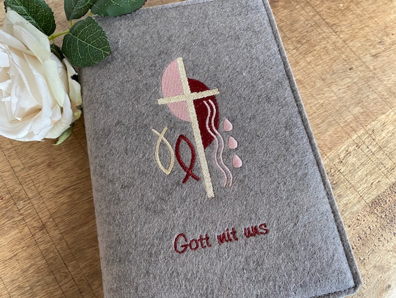 Hymnal cover made of wool felt - cross, fish - pink, burgundy-red, gold - felt cover for hymnal, gift for communion