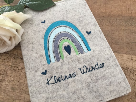 Maternity Pass Cover - Rainbow Turquoise - Cover for Maternity Pass, Cover made of Wool Felt, Felt Cover, Heart, Little Miracle