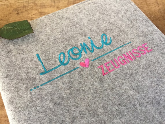 Certificate folder with name - made of wool felt, folder for certificates, document folder, felt cover, heart