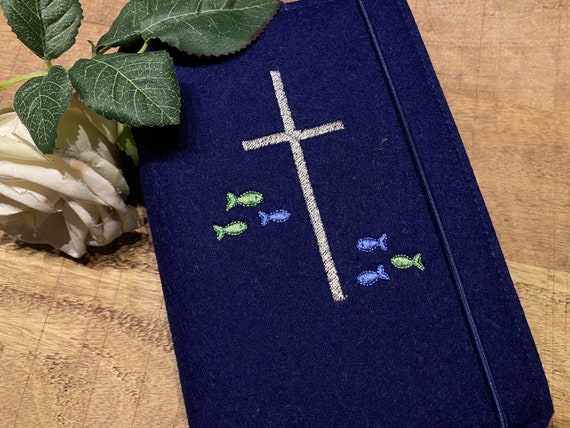Hymn cover made of wool felt - cross - felt cover Hymn, cross, fish - cover Hymn blue, gift for communion