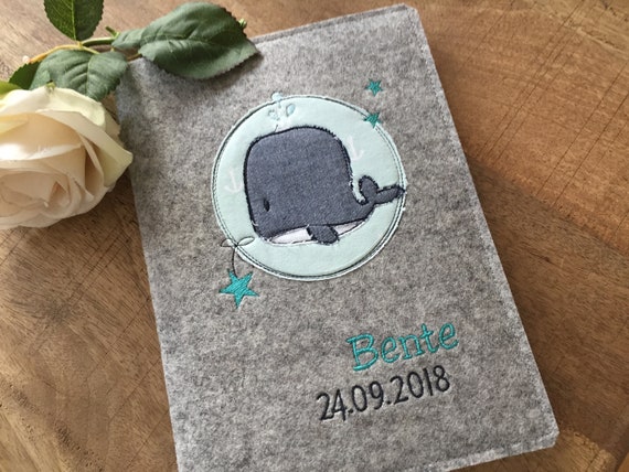 U Notebook Cover made of wool felt - cute whale with star