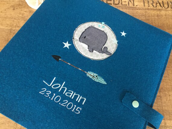 Photo album with name, baby album personalized, cover made of wool felt petrol, cute whale, Wild & Free, felt cover