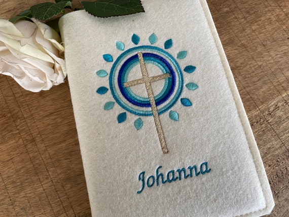 Hymn book cover made of wool felt - cream - turquoise embroidered, cross, cover for prayer book, gift for communion