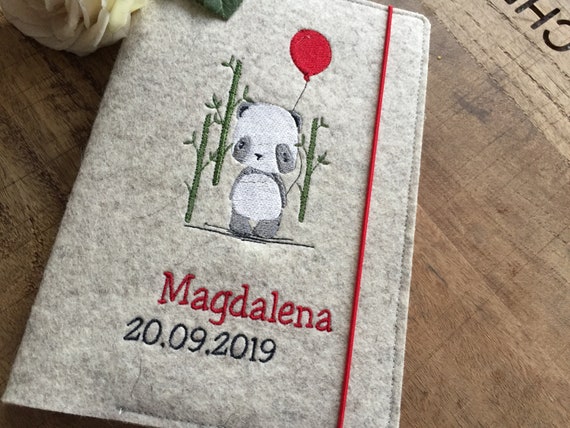U-book cover made of wool felt with name - panda bear, U-book cover, cover for examination booklet, pass sleeve, red