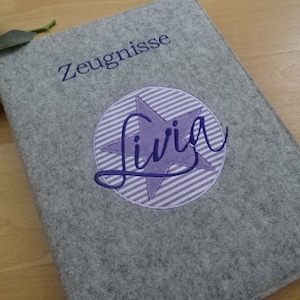 Zeugnismappe Stern, lila mit Namen,Ordner für Zeugnisse,Filzhülle, Geschenk zur Einschulung Bild 1