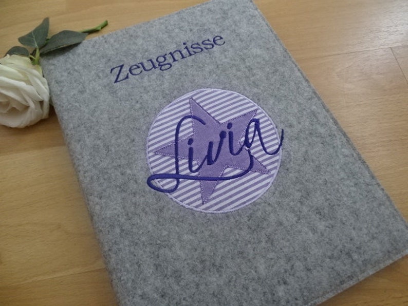 Zeugnismappe Stern, lila mit Namen,Ordner für Zeugnisse,Filzhülle, Geschenk zur Einschulung Bild 1