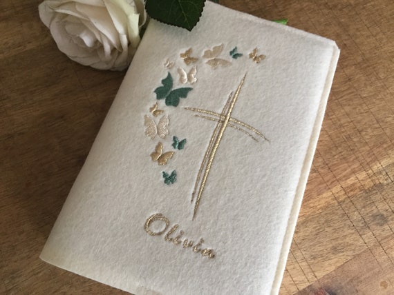 Hymn cover made of wool felt - butterflies - cream, eucalyptus green, gold - gift for communion