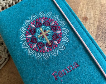 Praise to God cover made of wool felt - mandala - turquoise or pink - cover for praise to God with name, felt cover, prayer book cover, communion, cross