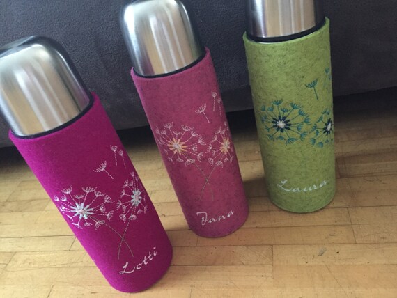 Embroidered vacuum flask - wool felt, free choice of color - dandelions