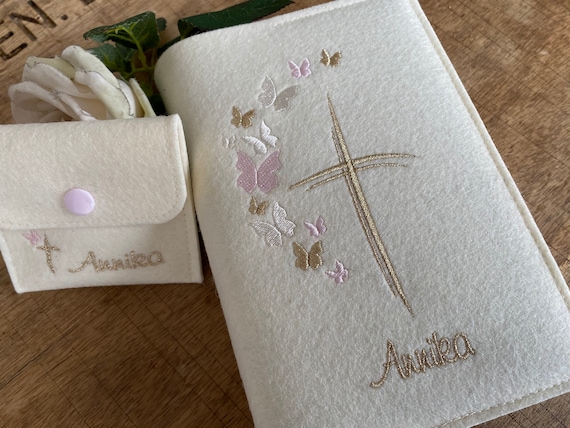 Hymn book cover made of wool felt - butterflies - cream, soft pink, gold - gift for communion
