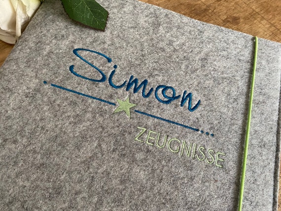 Certificate folder with name - made of wool felt, folder for certificates, document folder, felt cover, star