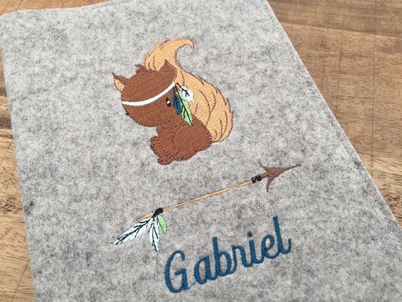 U-book cover made of wool felt with name - cute squirrel, U-book cover, cover for examination booklet, pass sleeve, turquoise/petrol