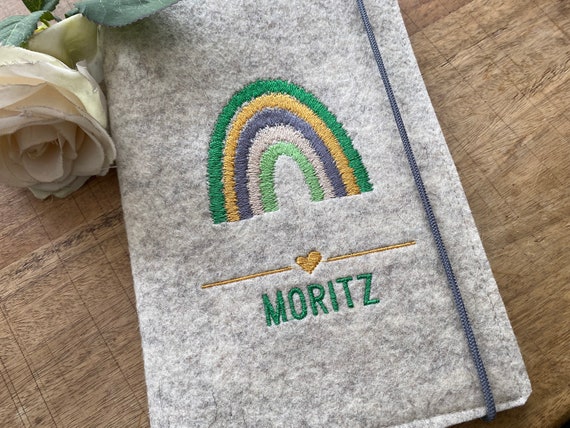 U-book cover made of wool felt - rainbow, U-book cover, felt cover for examination booklet - green, grey, mustard yellow