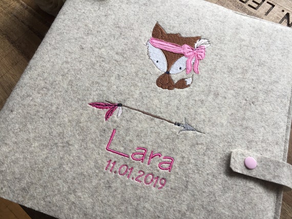 Photo album with name, baby album personalized, cover made of wool felt, cute fox, Wild & Free, feather, fox girl