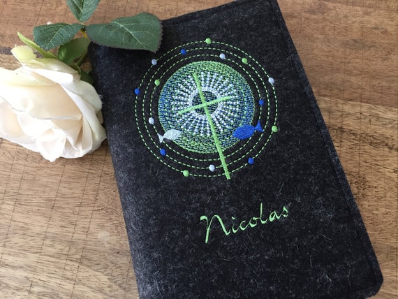 Hymnal cover made of wool felt - cross, fish/blue, green - cover for hymnal, felt cover, envelope, communion
