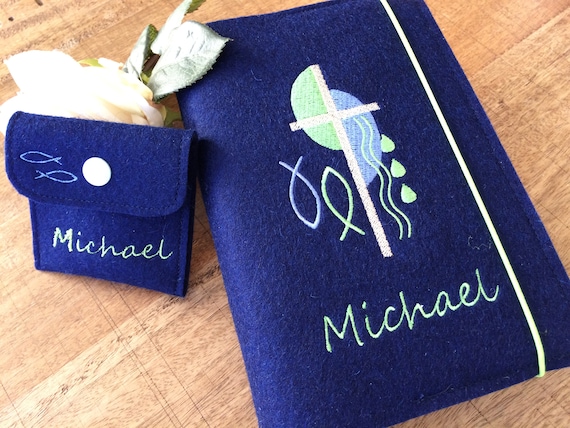 Hymn book cover made of wool felt - cross, fish, felt cover for prayer book, communion gift, hymn book cover