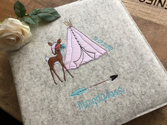 Photo album baby with name - deer, wild & free, baby album, baby diary, cover made of wool felt, boho