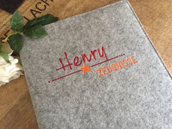 Certificate folder with name - made of wool felt, folder for certificates, document folder, felt cover, star