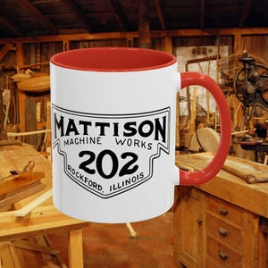 Taza de café con estilo industrial vintage y detalles retro de Mattison Machine Works [Matison 202]