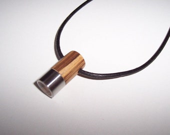 Leather necklace with pendant made of zebrano and stainless steel