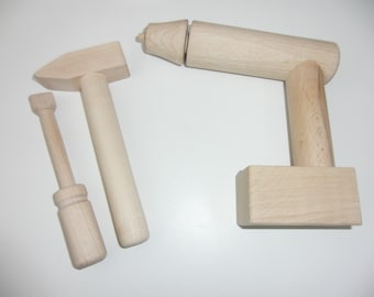 Wooden toys: hammer, screwdriver, cordless screwdriver