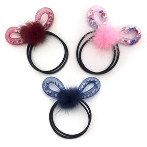 Haar banden met Mink Pompoms en Rhinestone bogen - Pack van 3 assorti