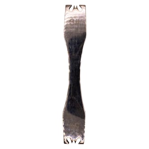 May include: A silver leathercraft tool with a double-forked design. The tool has a narrow, hourglass-shaped centre and the number "3#" is etched on one end. The ends have a three-pronged fork shape.