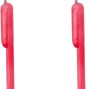 May include: Two latch hook tools featuring long, slender silver metal shafts with small hooked tips at the top ends. Each tool has a bright pink plastic handle with a textured, segmented grip design, providing a secure hold for crafting tasks.