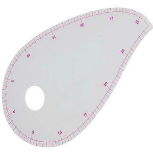 May include: A clear, teardrop-shaped sewing curve ruler made of plastic. The tool features printed pink measurement markings along its curved edges, with numbers ranging from 0 to 30, and includes a circular cutout hole for easy handling.