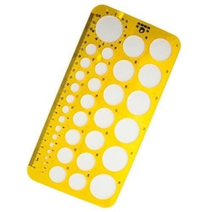 May include: A yellow plastic template with a ruler edge and various sized circular cutouts. The template has a series of numbered markings along the ruler edge, and a series of white circles of varying sizes.