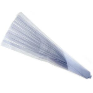 May include: A stack of clear, thin plastic strips, fanned out against a white background. The strips appear to be transparent and slightly reflective, with a subtle blue tint. The items are likely packaging or craft supplies.