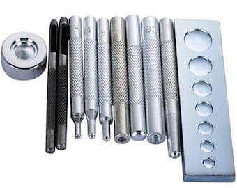 11 Pcs Steel Die Punch Set for Rivets, Buttons, Leathercraft, with Base and Hand Tool