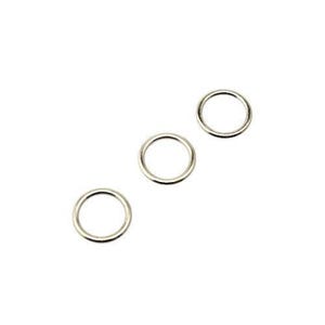 May include: Three silver metal rings on a white backdrop. The rings are circular with a smooth, shiny finish. They appear to be small, possibly for jewellery making or crafts.
