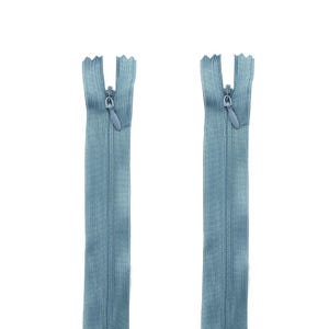 May include: Two light blue zippers are displayed against a white background. Each zipper has a matching pull tab and a closed design. The zippers are made of a woven material and are suitable for various sewing projects.