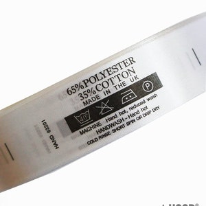Fabric Wash Care Labels 65 Polyester 35 Cotton, 40 Degree 1 Bar, DO NOT Bleach, 2 Dots Iron, Tumble Dry, 20mmWx67mmL, Roll of 2000 Labels