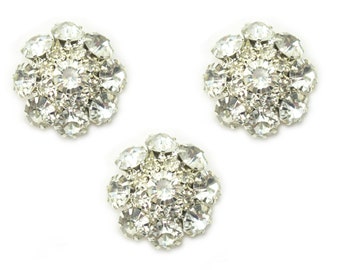 Set of 3 Clear Crystal Decorative Buttons in a Silver Tone Setting - 24 mm